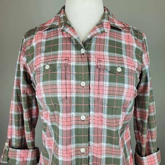 Eddie Bauer Olive/Pink Plaid Button Down - Picture 2 of 8